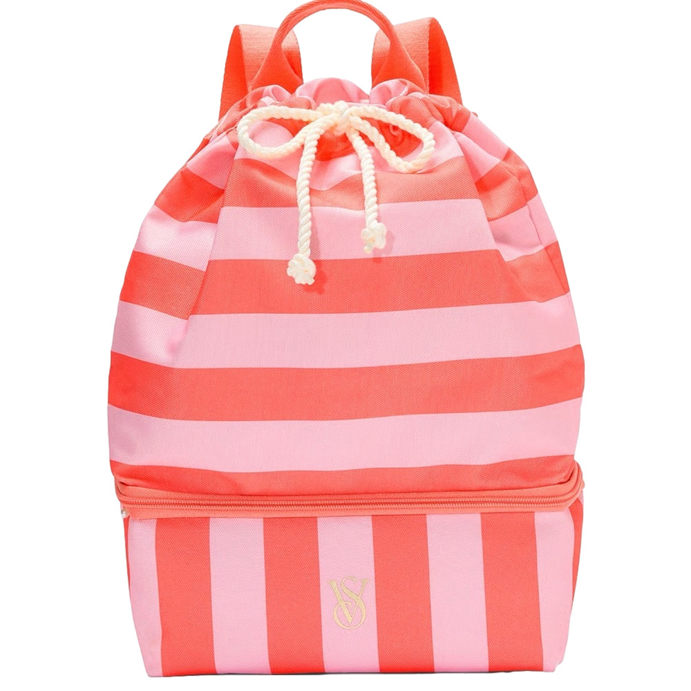 Victoria's Secret Pink and Coral Striped Drawstring Backpack with Lower Zip